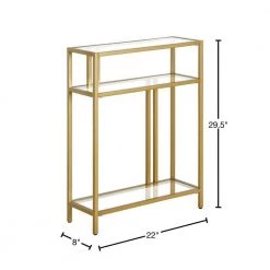 Budget 🎉 Cortland 22 in. Brass Rectangle Glass Console Table with Glass Shelves by Meyer&Cross ❤️ -Outlet Camden Isle Store brass meyer cross console tables at1177 40 1000