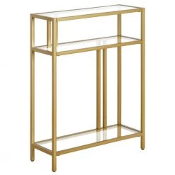 Budget 🎉 Cortland 22 in. Brass Rectangle Glass Console Table with Glass Shelves by Meyer&Cross ❤️