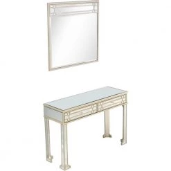 Buy 🌟 Aubrey Wall Mirror 48 in. Champagne Rectangle Mirrored Glass Console Table with Drawers by Camden Isle 🎉