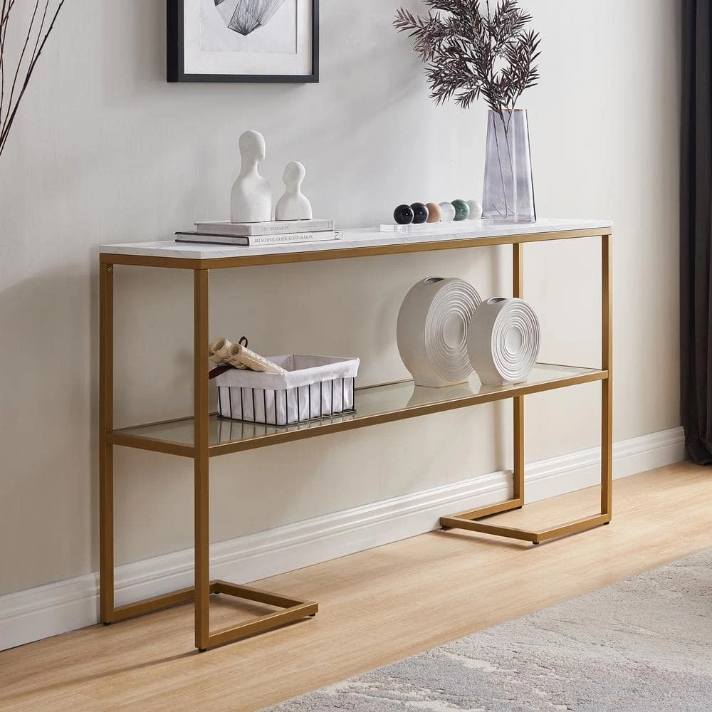New 😍 Errol 55 in. Gold Rectangle Faux Marble Console Table with Storage by Meyer&Cross 🔔 6 New 😍 Errol 55 in. Gold Rectangle Faux Marble Console Table with Storage by Meyer&Cross 🔔 - Image 4