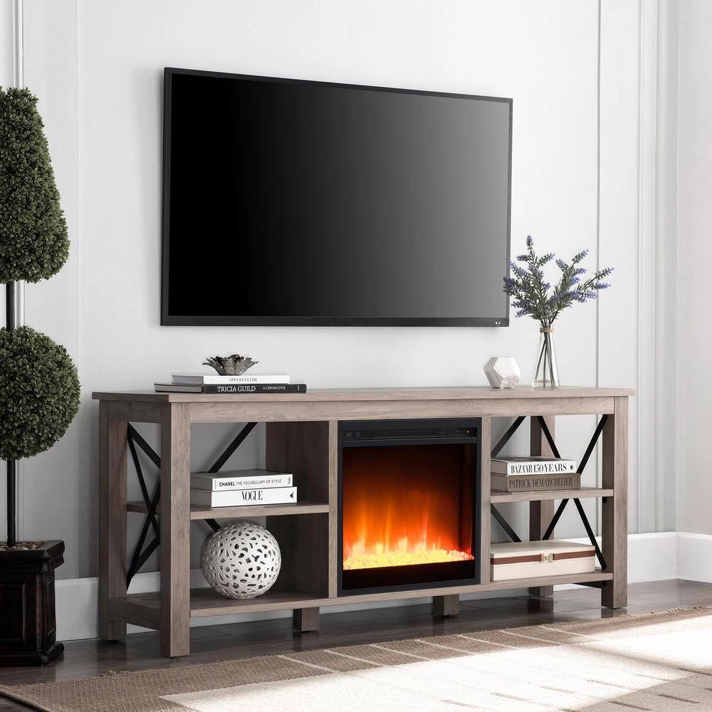 Outlet 🎁 Sawyer 58 in. Gray Oak TV Stand Fits TV's up to 65 in. with Crystal Fireplace Insert by Meyer&Cross ⭐ 7 Outlet 🎁 Sawyer 58 in. Gray Oak TV Stand Fits TV's up to 65 in. with Crystal Fireplace Insert by Meyer&Cross ⭐ - Image 5