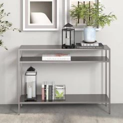 Budget ❤️ Ricardo 42 in. Gunmetal Gray Rectangle Metal Console Table with Metal Shelves by Meyer&Cross 🔥 -Outlet Camden Isle Store gunmental gray meyer cross console tables at0953 1f 1000