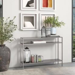 Budget ❤️ Ricardo 42 in. Gunmetal Gray Rectangle Metal Console Table with Metal Shelves by Meyer&Cross 🔥 -Outlet Camden Isle Store gunmental gray meyer cross console tables at0953 31 1000