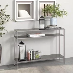 Budget ❤️ Ricardo 42 in. Gunmetal Gray Rectangle Metal Console Table with Metal Shelves by Meyer&Cross 🔥 -Outlet Camden Isle Store gunmental gray meyer cross console tables at0953 4f 1000