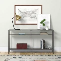 Best Sale 🧨 Sivil 55 in. Gunmetal Gray Rectangle Metal Console Table with Metal Shelves by Meyer&Cross ❤️ -Outlet Camden Isle Store gunmental gray meyer cross console tables at0955 1f 1000