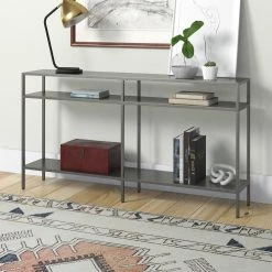 Best Sale 🧨 Sivil 55 in. Gunmetal Gray Rectangle Metal Console Table with Metal Shelves by Meyer&Cross ❤️ -Outlet Camden Isle Store gunmental gray meyer cross console tables at0955 44 1000