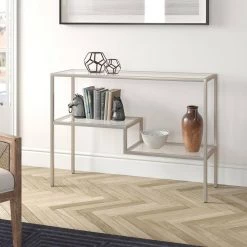 Flash Sale 🎁 Lovett 42 in. Satin Nickel Rectangle Glass Console Table with Glass Shelves by Meyer&Cross 🔔 -Outlet Camden Isle Store satin nickel meyer cross console tables at0846 1f 1000