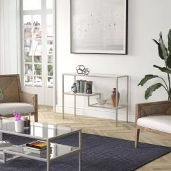 Flash Sale 🎁 Lovett 42 in. Satin Nickel Rectangle Glass Console Table with Glass Shelves by Meyer&Cross 🔔 -Outlet Camden Isle Store satin nickel meyer cross console tables at0846 31 1000