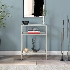 Deals 🎁 Sivil 22 in. Satin Nickel Rectangle Glass Console Table by Meyer&Cross 🎁 -Outlet Camden Isle Store satin nickel meyer cross console tables at1560 4f 1000