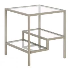 Promo ⭐ Lovett 20 in. Satin Nickel Square Glass Side Table with Glass Shelves by Meyer&Cross ❤️