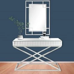 Outlet 👏 Kinney 48 in. Rectangle Silver Glass Console Table with Wall Mirror by Camden Isle 🌟 -Outlet Camden Isle Store silver camden isle console tables 86531 31 1000