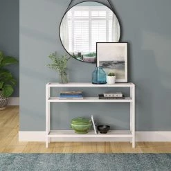 Best Pirce ✨ Sivil 42 in. White Standard Rectangle Glass Console Table with Storage by Meyer&Cross 🌟 -Outlet Camden Isle Store white meyer cross console tables at0434 4f 1000