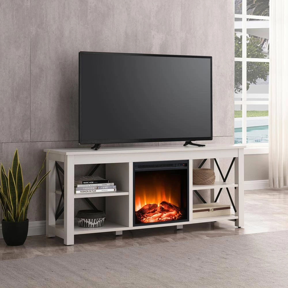 Outlet 😍 Sawyer 58 in. White TV Stand Fits TV's up to 65 in. with Log Fireplace Insert by Meyer&Cross 🎁 7 Outlet 😍 Sawyer 58 in. White TV Stand Fits TV's up to 65 in. with Log Fireplace Insert by Meyer&Cross 🎁 - Image 5