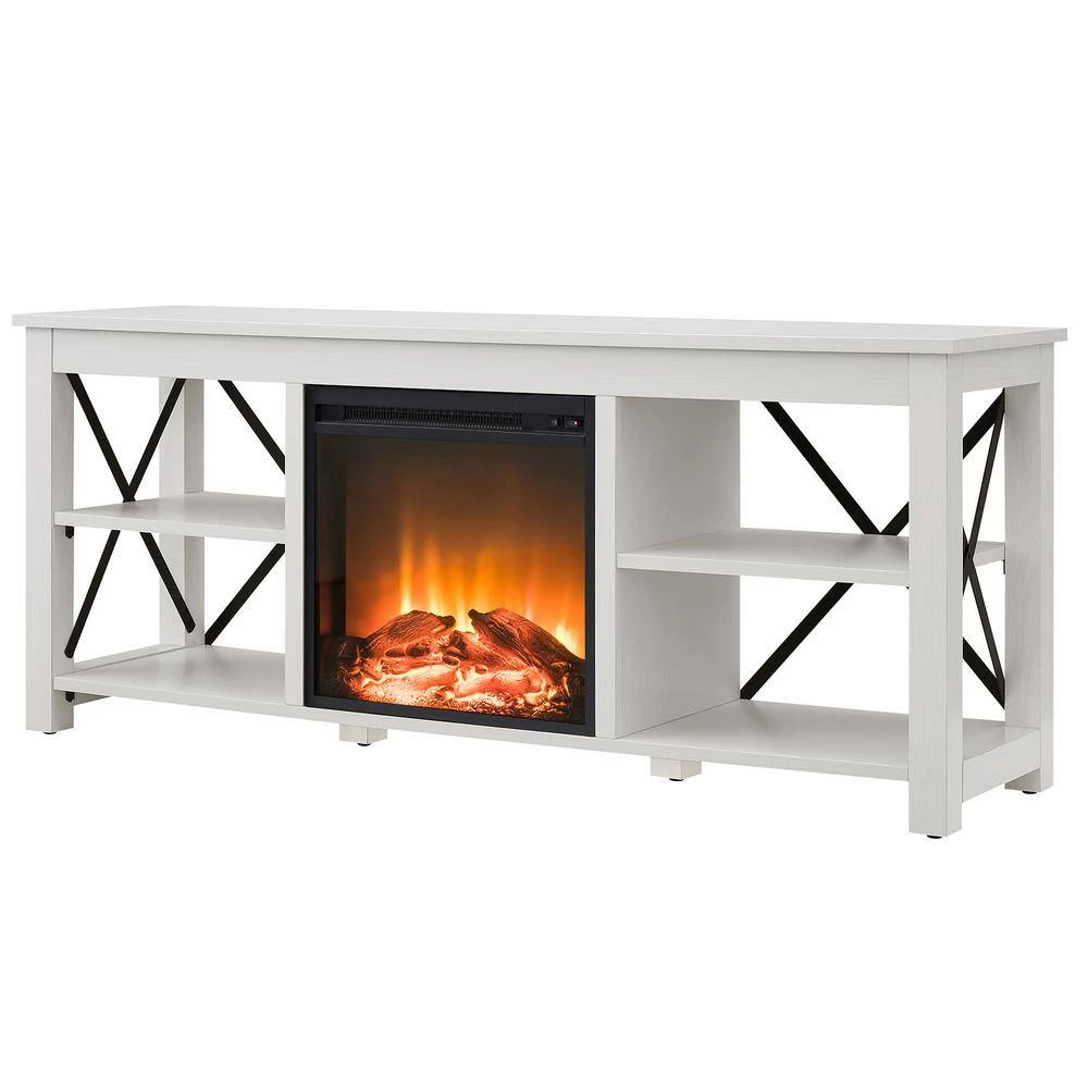 Outlet 😍 Sawyer 58 in. White TV Stand Fits TV's up to 65 in. with Log Fireplace Insert by Meyer&Cross 🎁 4 Outlet 😍 Sawyer 58 in. White TV Stand Fits TV's up to 65 in. with Log Fireplace Insert by Meyer&Cross 🎁 - Image 2